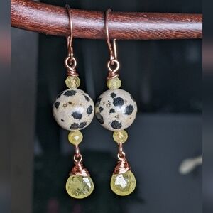Artisan Copper Earrings Elegant Green Garnet And Dalmatian Jasper Gemstones